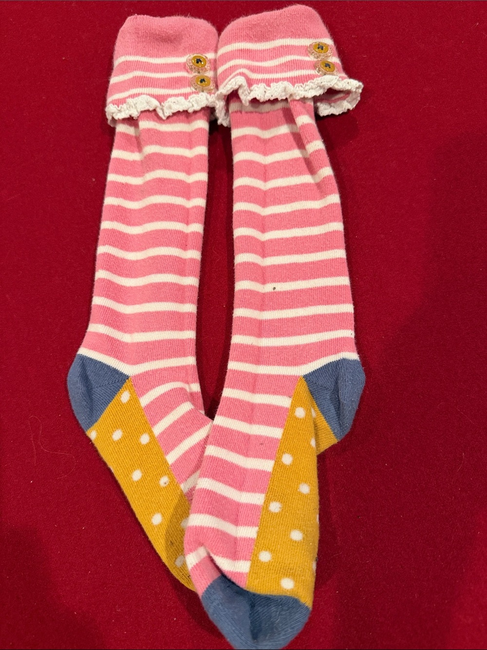 Matilda Jane Pink & White Striped Knee-High Socks with Yellow Polka Dot Heel